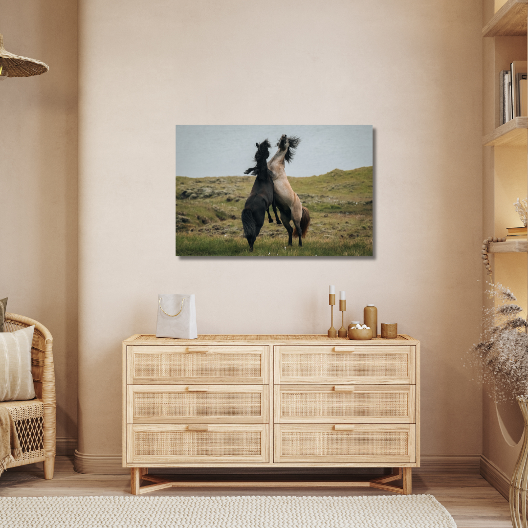 Photographie d'art en haute résolution mise en situation au dessus d'un meuble en 60x40 qui représente un paysage avec des animaux, qui aura vocation à être accrochée en décoration murale en grand format dans un salon.