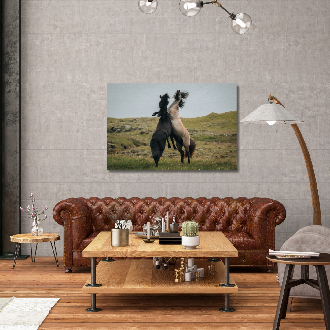 Photographie d'art en haute résolution mise en situation au dessus d'un canapé en 90x60 qui représente un paysage avec des animaux, qui aura vocation à être accrochée en décoration murale en grand format dans un salon.