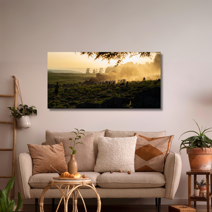 Photographie d'art en haute résolution  mise en situation au-dessus d'un canapé confortable en 90x45 qui représente une paysage avec un berger qui guide ses moutons dans l'Atlas, qui aura vocation à être accrochée en décoration murale en grand format dans un salon.